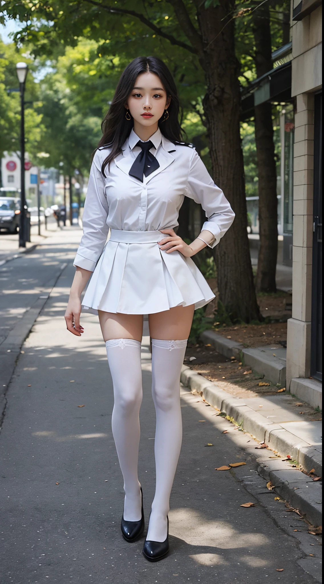 Best Quality, Full Body Portrait, Exquisite Face, Beautiful Face, Big Eyes: 1.1, Makeup: 1.2, 25 Years Old Woman, Slim Body, Small Bust, OL Uniform, Women's White Collar Uniform, Office Uniform, Black Stockings, Outdoor Scene, Stand Posture