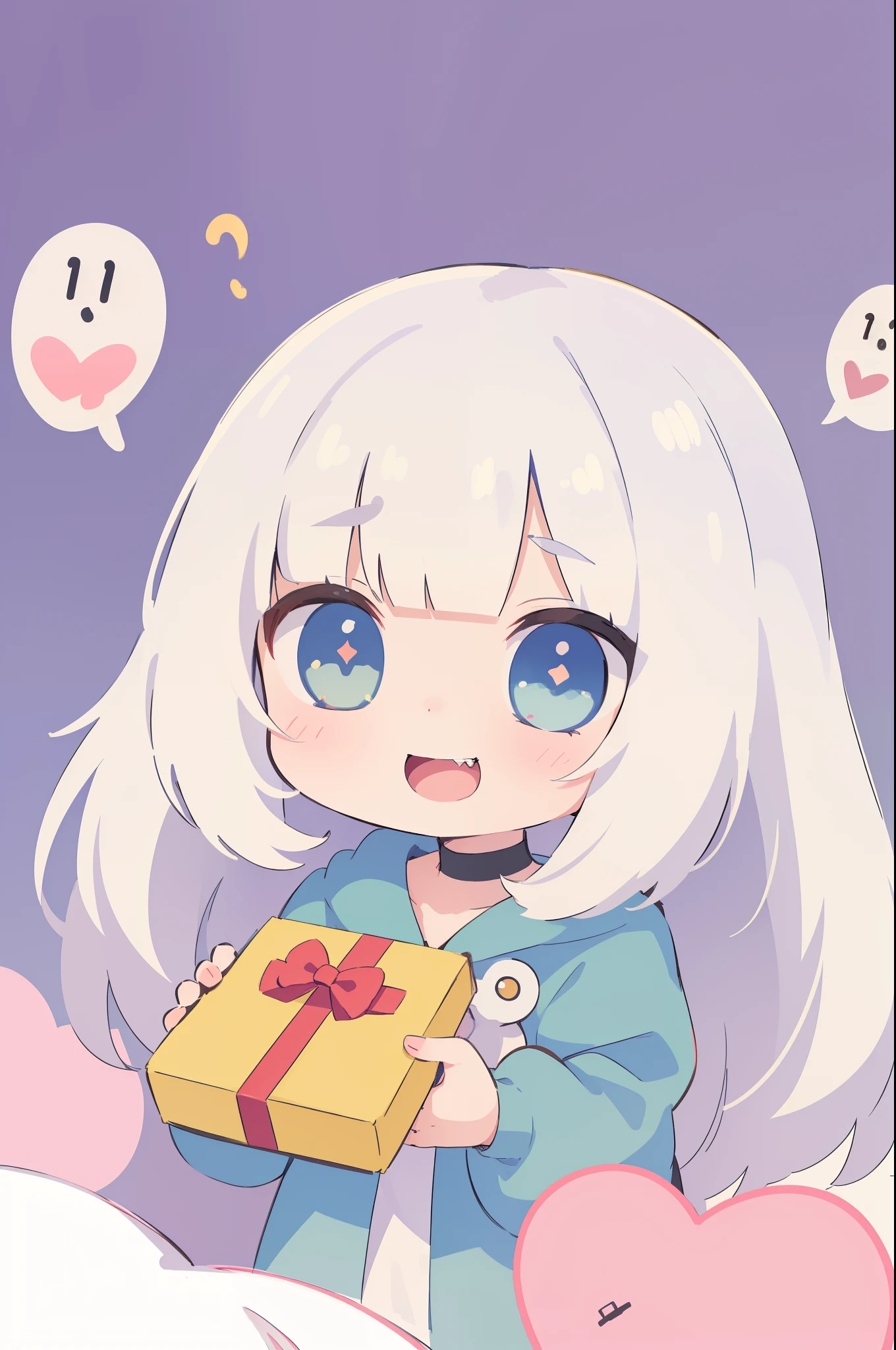 Masterpiece, Best Quality,(chibi:1.3), cute aesthetic illustration, stylized digital art, abstract and colorful style, (outlines:1.3), BREAK 1girl, 独奏, (open hair, hairlong, straight hair, white colored hair, hime cut, blunt bangs, Azure Eyes:1.3), pointed ears, White_Lashes, Dark, plain choker, (Realistic:0.8), fangs, BREAK (oversized_The clothes, Puffy clothes, black hoodie), BREAK Blush, Эмодзи Twitch, Smile, Portrait, pinched cheeks,pinched cheeks, holding,upper-body,one eye covered,looking a viewer,ass pov,, Masterpiece, Best Quality,1girl, incoming gift, holding, GiftBox, band, Heart-shaped box,