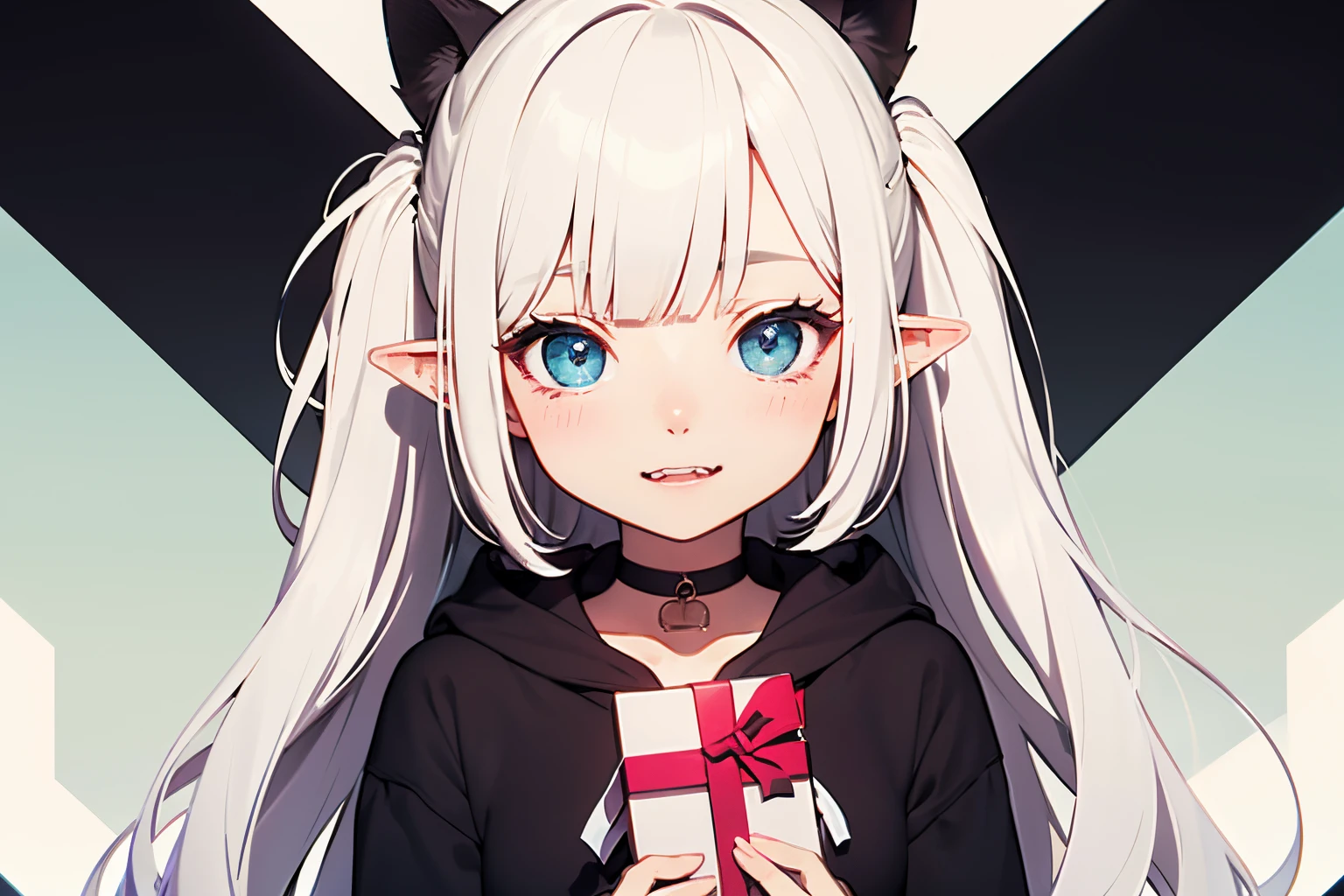 Masterpiece, Best Quality,(chibi:1.3), cute aesthetic illustration, stylized digital art, abstract and colorful style, (outlines:1.3), BREAK 1girl, 独奏, (open hair, hairlong, straight hair, white colored hair, hime cut, blunt bangs, Azure Eyes:1.3), pointed ears, White_Lashes, Dark, plain choker, (Realistic:0.8), fangs, BREAK (oversized_The clothes, Puffy clothes, black hoodie), BREAK Blush, Эмодзи Twitch, Smile, Portrait, pinched cheeks,pinched cheeks, holding,upper-body,one eye covered,looking a viewer,ass pov,, Masterpiece, Best Quality,1girl, incoming gift, holding, GiftBox, band, Heart-shaped box,