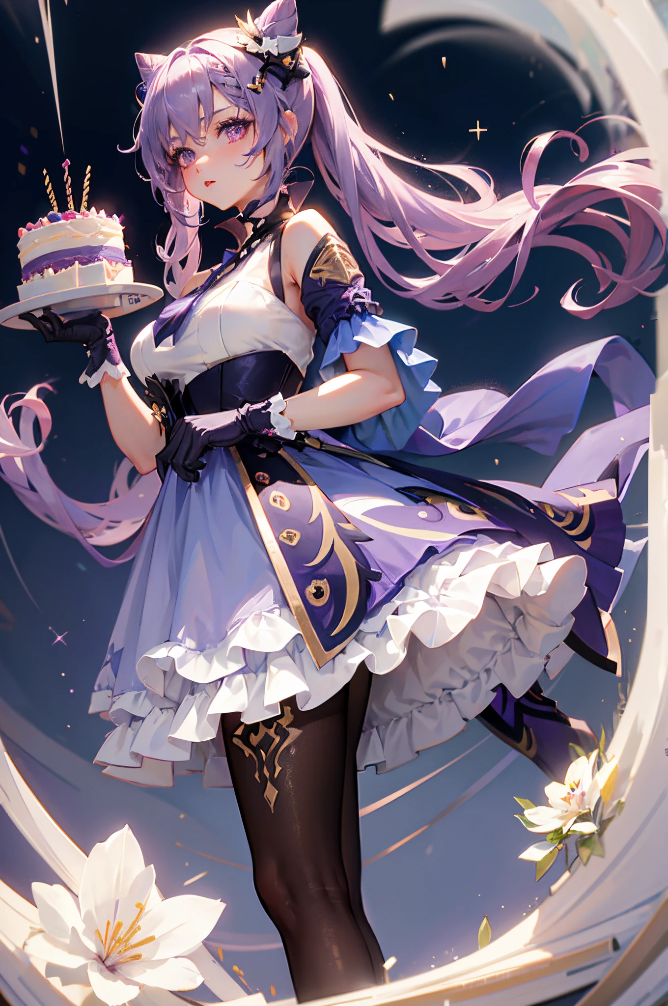 1 girl solo, light purple hair, magenta eyes, black gloves, purple and white dress, dark stockings, ((holding a big cake)), ((birthday cake in her hands))
