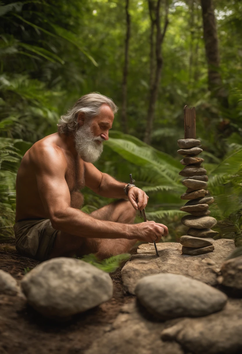 A photo of bob creating a makeshift sundial out of rocks and sticks, using his resourcefulness to tell time on the island.,Ark survival evolved,bob is a neanderthal looking man who carries primative tools and wears only a loincloth. he is strong from surviving on an island inhabitated by dinosaurs