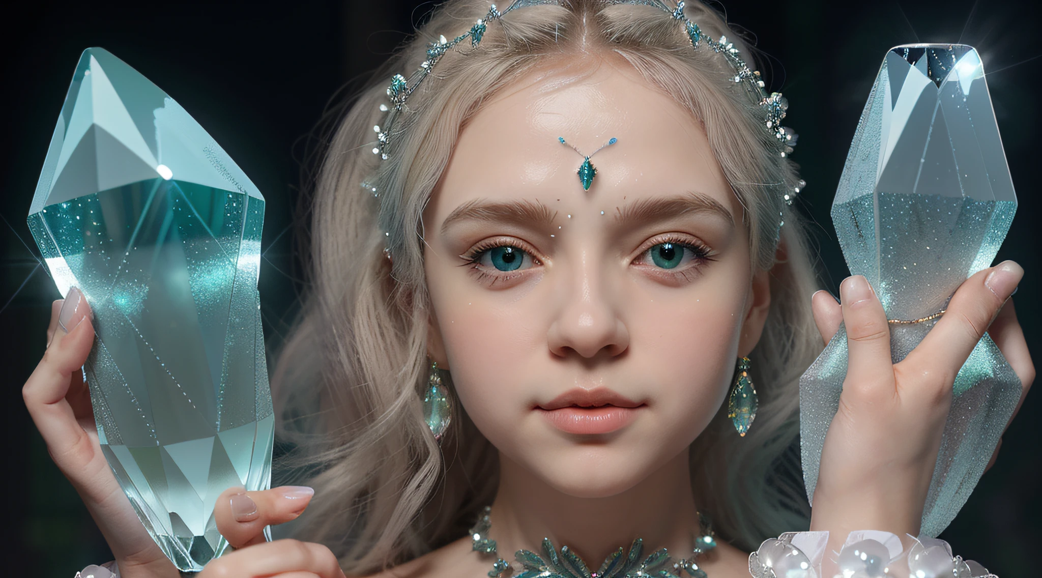 Russian blonde child girl , And a set of green and white crystals in his hands, cristais verdes brilhantes, translucent crystals, Aglomerados de cristais, cristal verde, cristais brilhantes, aquamarine, pedras preciosas muito realistas, material de cristal, cristais bonitos, cubic crystals, Esmeraldas, cristais de opala, cristais fracamente brilhantes, feito de cristais, Cristais transparentes, blue translucent resin, cristais luminosos cintilantes