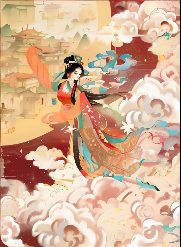 Pictures of women flying in the air, an ancient Chinese goddess, Inspired by Qiu Ying, inspired by Tang Yin, Chinese mythology, ancient china art style, Traditional Chinese art inspired by Zhang Zeduan(Ink painting and watercolor、Traditional chinese painting、meticuloso、Traditional chinese painting、Oil brush strokes、 Qi Baishi,Wu Guanzhong,)(The woman seems to fly into the sky,Behind him is a big moon,Underfoot are classical Chinese auspicious clouds,His clothes are very elegant,Wear an elegant ribbon,His expression is reluctant to leave,Detailed color matching,Delicate clothing patterns,Beautiful dancers in ancient China,delicated lines,Gorgeous costumes of ancient China,delicate and vivid, -q 2 HD,Excellent work,Best quality,The character’s face is exquisite,Vivid expressions))(dunhuang, Chinese big breasts,flight)