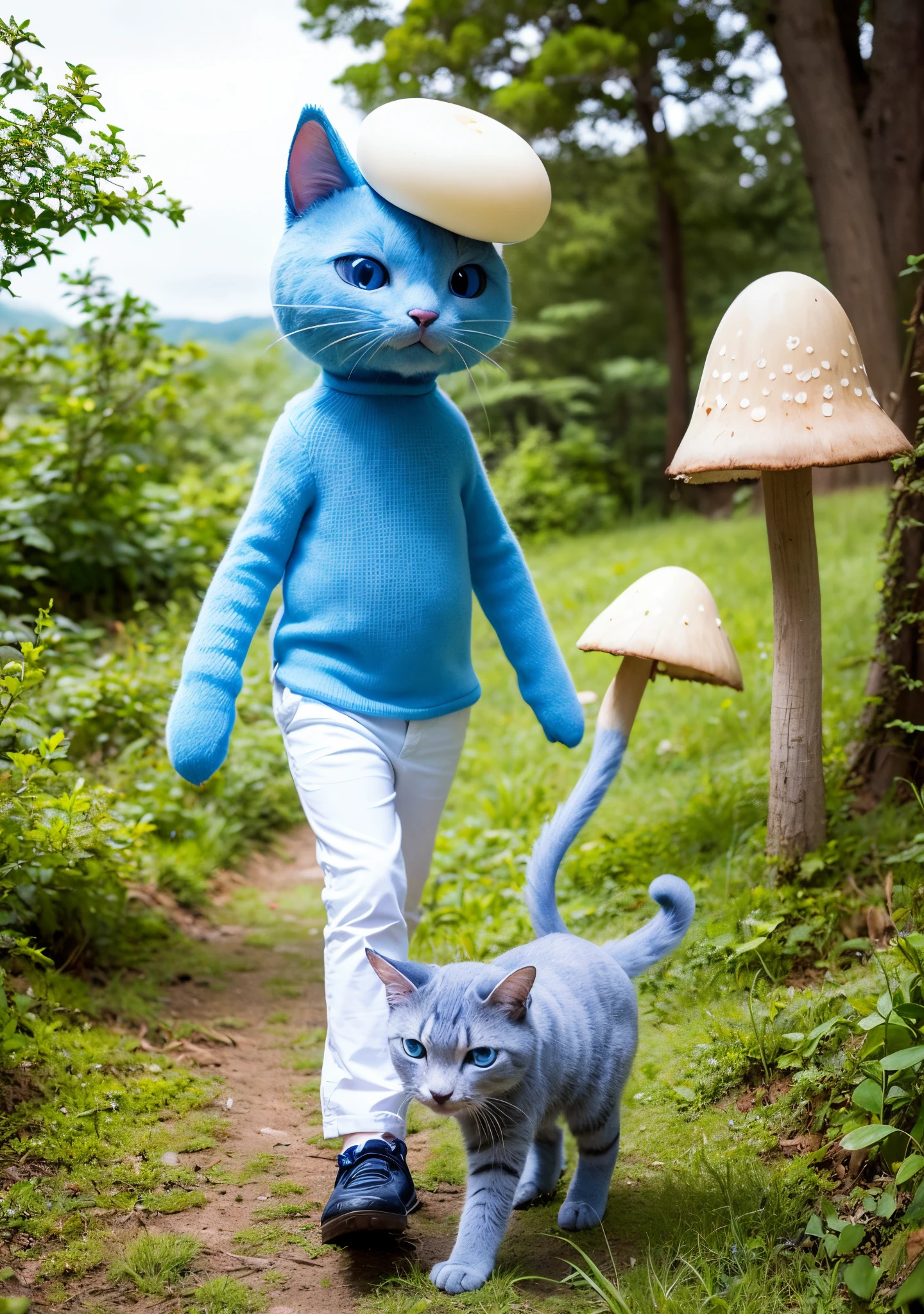 A blue cat wearing white pants with a mushroom on its head walking in the forest