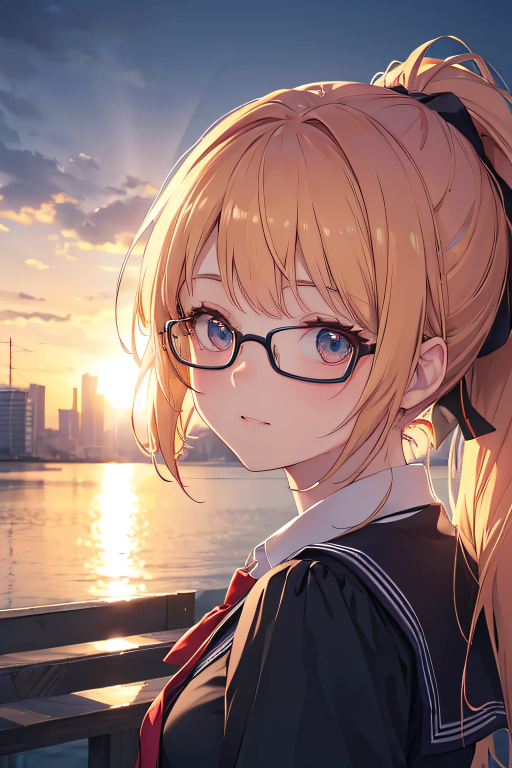(best quality,4k,8k,highres,masterpiece:1.2),ultra-detailed,(realistic,photorealistic,photo-realistic:1.37),HDR,UHD,studio lighting,ultra-fine painting,sharp focus,physically-based rendering,extreme detail description,professional,vivid colors,bokeh,girl, glasses, ponytail, cute, perspective, street, sunnyday, portraits, landscapes, anime style, vibrant colors, warm tones, sunlight, shadows.