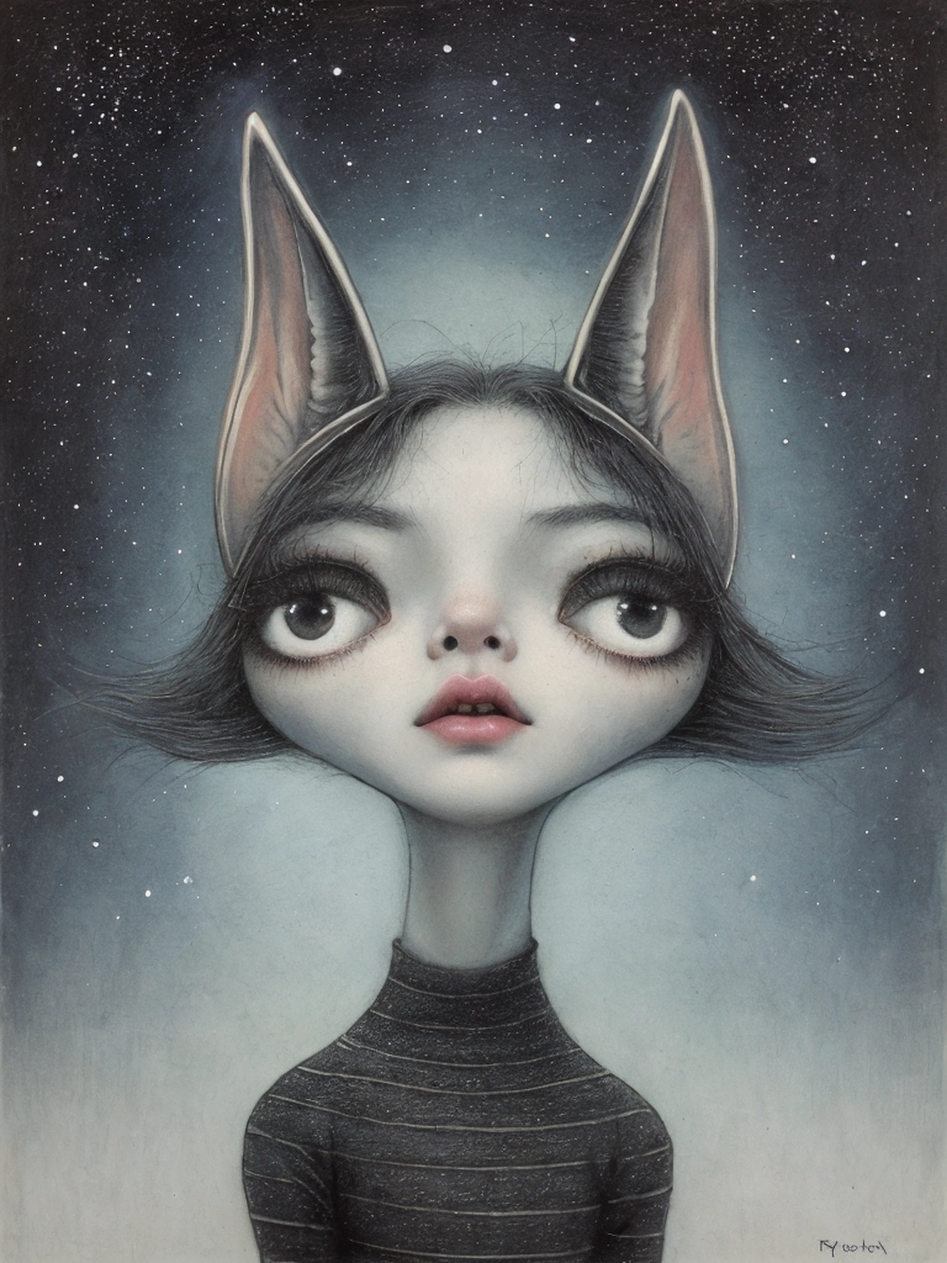 Un primer plano de un dibujo de una hermosa mujer, inspirado en Santiago Caruso, inspirado por Alfred Kubin, Estilo Mark Ryden, Mark Ryden en el estilo de, alien portrait, Old - Dark School Fantasy Art, Retrato de un duende, Anton Semenov, portrait of a space alien, Retrato de un extraterrestre, inspirado por William Stout