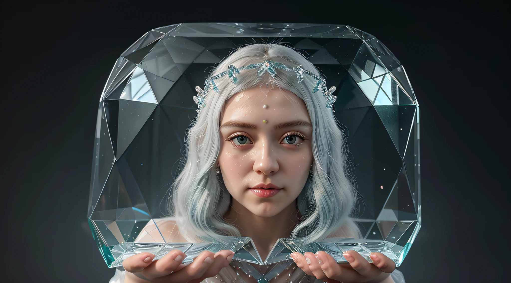 Russian blonde  girl , And a set of green and white crystals in his hands, cristais verdes brilhantes, translucent crystals, Aglomerados de cristais, cristal verde, cristais brilhantes, aquamarine, pedras preciosas muito realistas, material de cristal, cristais bonitos, cubic crystals, Esmeraldas, cristais de opala, cristais fracamente brilhantes, feito de cristais, Cristais transparentes, blue translucent resin, cristais luminosos cintilantes