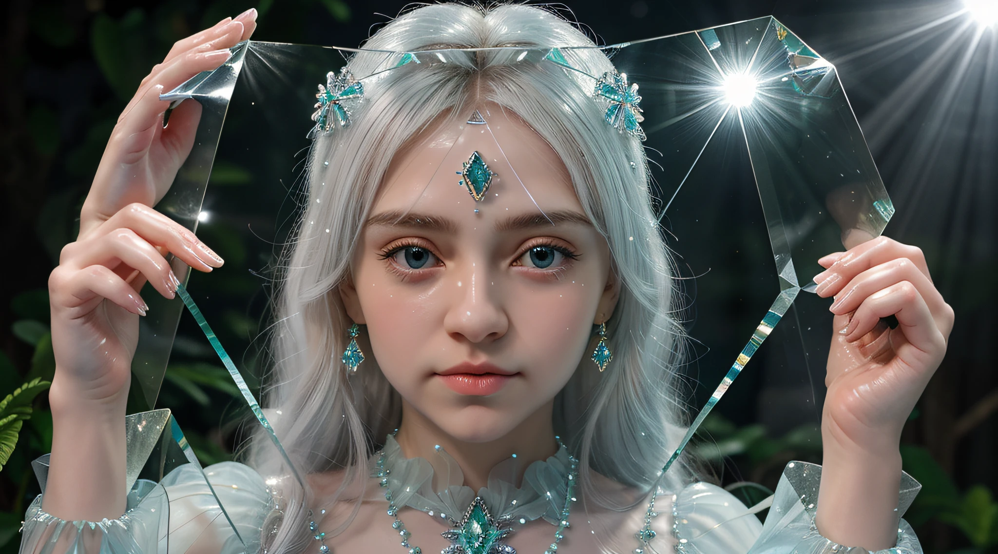 Russian blonde child girl , And a set of green and white crystals in his hands, cristais verdes brilhantes, translucent crystals, Aglomerados de cristais, cristal verde, cristais brilhantes, aquamarine, pedras preciosas muito realistas, material de cristal, cristais bonitos, cubic crystals, Esmeraldas, cristais de opala, cristais fracamente brilhantes, feito de cristais, Cristais transparentes, blue translucent resin, cristais luminosos cintilantes