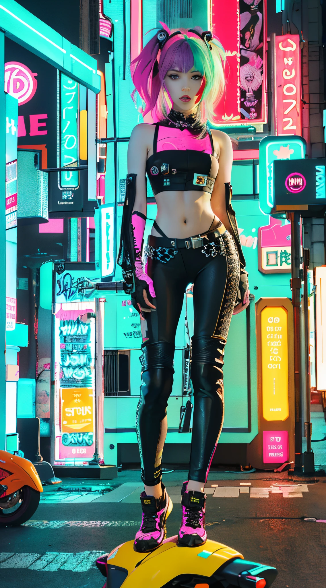 masterpiece, best quality, Confident cyberpunk girl, full body shot, ((standing in front of motorcycle)), Harajuku-inspired pop outfit, bold colors and patterns, eye-catching accessories, trendy and innovative hairstyle, vibrant makeup, Cyberpunk dazzling cityscape, skyscrapers, neon signs, LED lights, bright and vivid color scheme, anime, illustration, detailed skin texture, detailed cloth texture, beautiful detailed face, intricate details, ultra detailed.