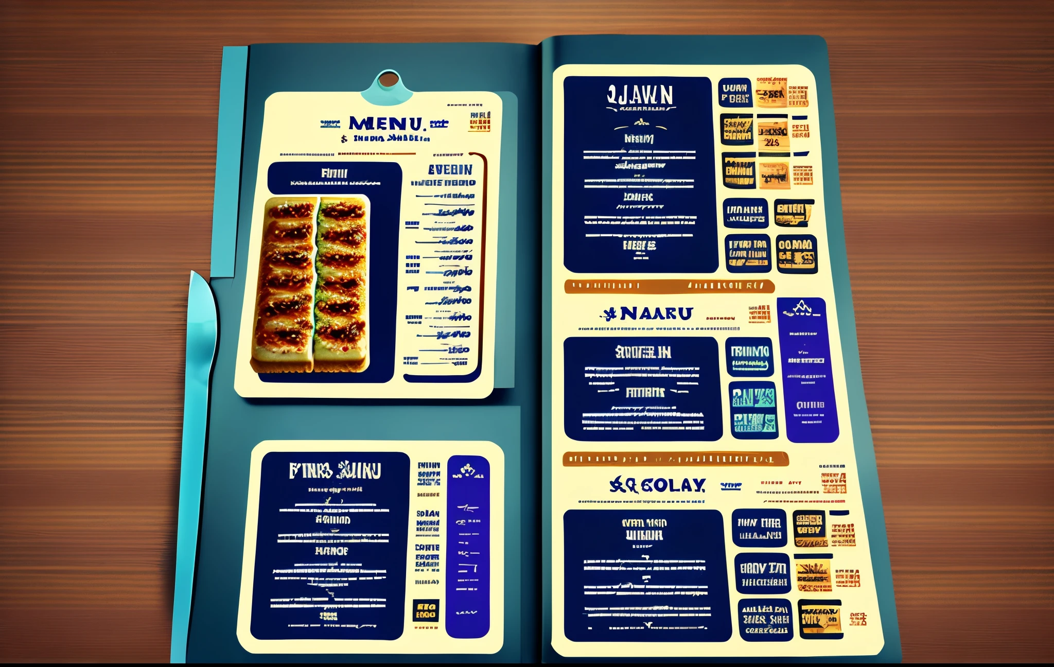 Blue textured menu with eight items with price and names designed like a catalogue