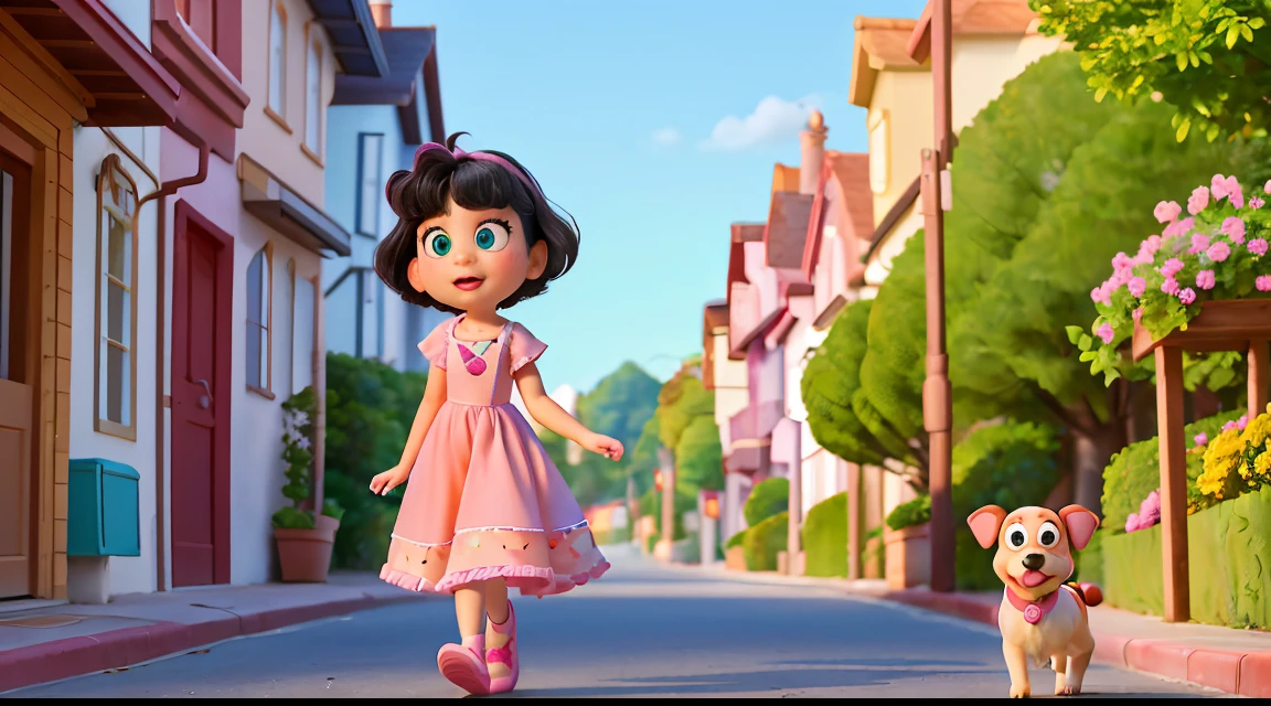 Disney, Pixar, a  with black hair ((pink highlights)), light green eyes, wearing a beautiful pink dress and pink shoes. She is walking down the streets with her cute dog.