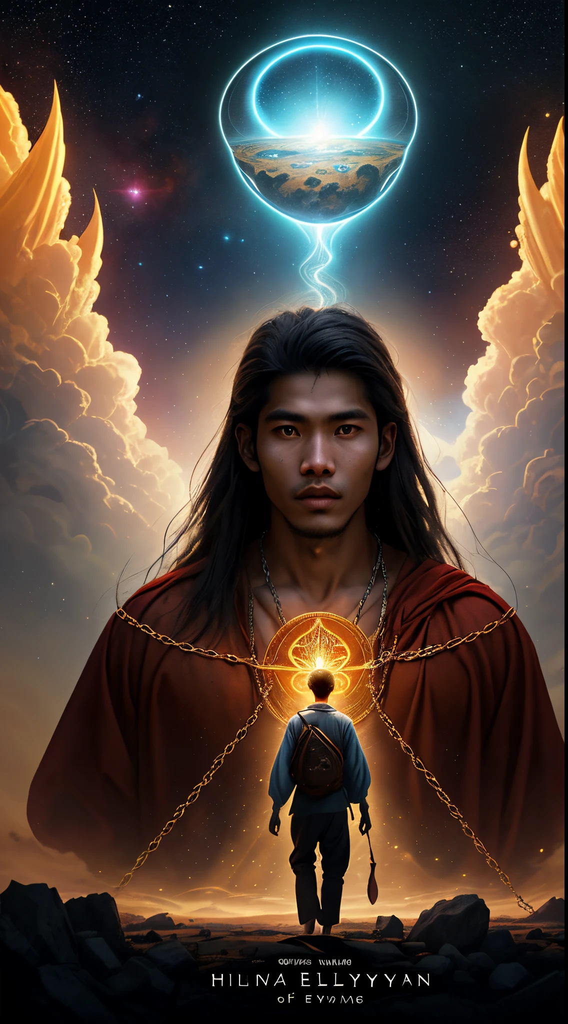 Embark on an unparalleled digital art odyssey with 'A Myanmar Young Man In the Depths of Mortality,' the pinnacle of artistic expression in the universe. This extraordinary journey unfolds against the majestic canvas of Ancient Myanmar architecture, exploring the profound themes of life, death, and spiritual awakening. Witness the young man's fearless expedition through the ethereal realms of Hell and Heaven, confronting inner demons and shattering the chains that confine his spirit. Immerse yourself in the enthralling narratives of liberation, spirituality, and profound truths as the young man unravels his essence, seamlessly merging with the eternal cosmic fabric. Brace yourself for an unparalleled ultra-cinematic IMAX 3D adventure, promising a spellbinding experience like no other in the cosmos.