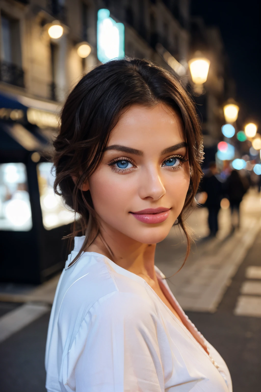 a handsome female, hair light, which fall gently in waves up to the shoulders, Taille moyenne avec les mensuration 90-60-90, big blue eyes, light skin, She is wearing a white shirt close up, On a busy street in Paris at night, She smiled., Shows teeth, There are people in the background of the photo, winter, the street is snowy., The sun hits your back, making your hair shine, His face is naturally serene, Lips with light pink lipstick, Текстура 8K, higly detailed, realisitic, soft cinematic light, HDR, sharp focus, tmasterpiece, Photorealist, award-winning photo, Canon EOS R5, 35 mm.