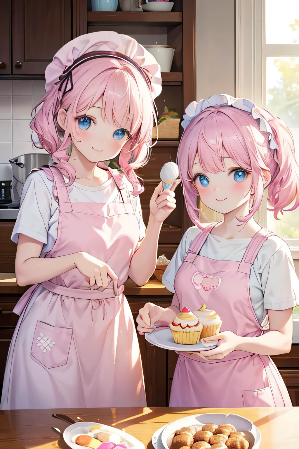 (best quality,4k,8k,highres,masterpiece:1.2),ultra-detailed,(realistic,photorealistic,photo-realistic:1.37),portrait,anime,studio lighting,cupcakes,pink aprons,baking ingredients,flour,sugar,eggs,mixing bowls,whisking,baking trays,oven,muffin tin,decorating,frosting,sprinkles,piping bags,oven mitts,baking fun,warm smiles,detailed eyes,joyful expressions,delicious treats,beautifully decorated cupcakes,vivid colors,pastel tones,soft lighting,two girls,twins,pink hair,blue eyed,cute
