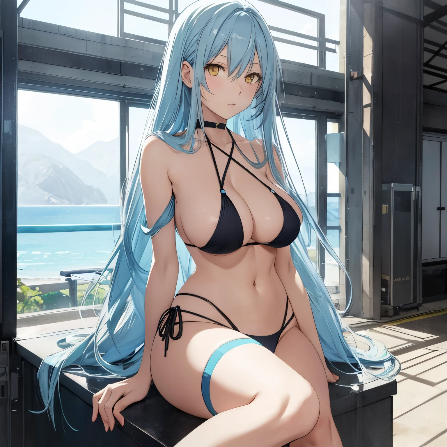 Anime, female, light blue hairs, yellow eyes, long hair, massive boobs, bikini, thigh, bare shoulder, collarbone, sitting, looking at viewer, in building, black bikini