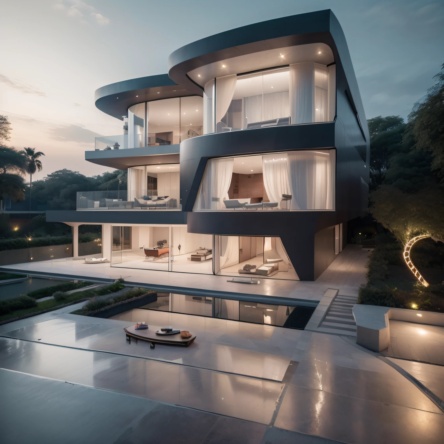 (masterpiece),(high quality), best quality, real,(realistic), super detailed, (full detail),(4k),8k,modern house exterior design,Modern architecture,white Sandstone,blackwall,Beautiful_sky, no_humans, outdoors,sky,palm trees,Garden flower front of building, rainy weather, mercedes car infront the house , warm interior lights