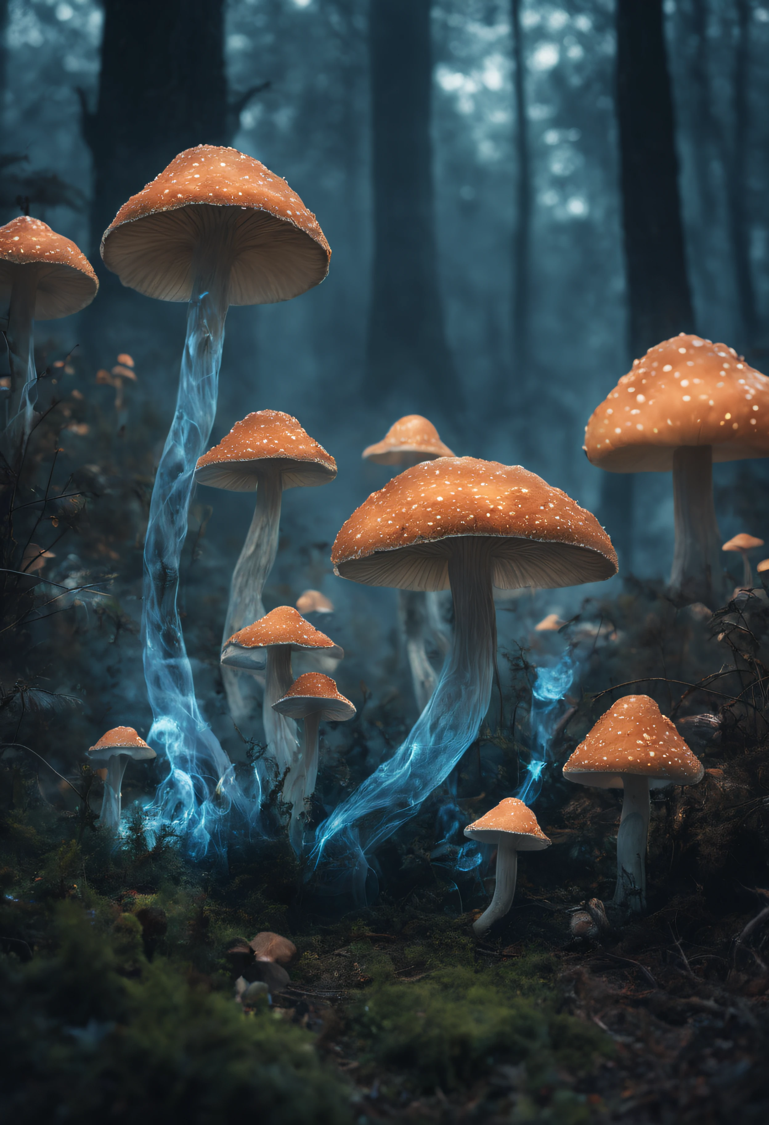 The main is１book mushroom、As it approaches the ground, it becomes a terrifying smoke with strange shapes.、A mushroom covered in smoke that emits a mysterious light.、Mesmerizing surreal movie stills of Alice in Wonderland, magical dreamland bokeh background, A fascinating and eerie fantasy world, Illuminates dark shot scenes with a fantastic glow, Otherworldly elements of a familiar story, ether wonderland, mystic atmosphere, Dark enchantment and the aesthetics of dark fantasy realism, (Translucent bioluminescent material)、((A deformed poisonous mushroom that grows in another world and emits bewitching smoke.,)) Ultra-realistic, (Voronoi pattern, depth of fields, (swirly bokeh:1.275), (Kodak Portra 400:0.875) :1.15), (Realistic and complex futuristic background, Lots of futuristic cookware:1., (Turbulent Toxic Vapor:1.2, Magnificent surrealism, Rim lighting, low key light:1.1), Notable masterpieces, celestial, Ethereal, epicd, Magical Light Flare, Natural and soft dreamy lighting, ((Warm Yellow and Deep Carbon:0.7), (Cinematic Look:1.15):1.15)