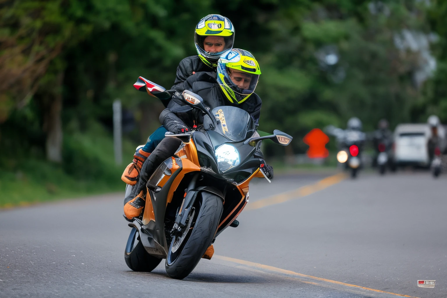 There are two people riding a motorcycle on the road, Andar na estrada, pilotando uma motocicleta, touring, pilotando uma motocicleta futurista, Motocicletas, Foto tirada com Nikon D 7 5 0, Foto tirada com Nikon D750, andar de moto por uma rua, andar de moto, Wheelie, 2 0 2 2 foto, Cavalgando na cidade de Doom