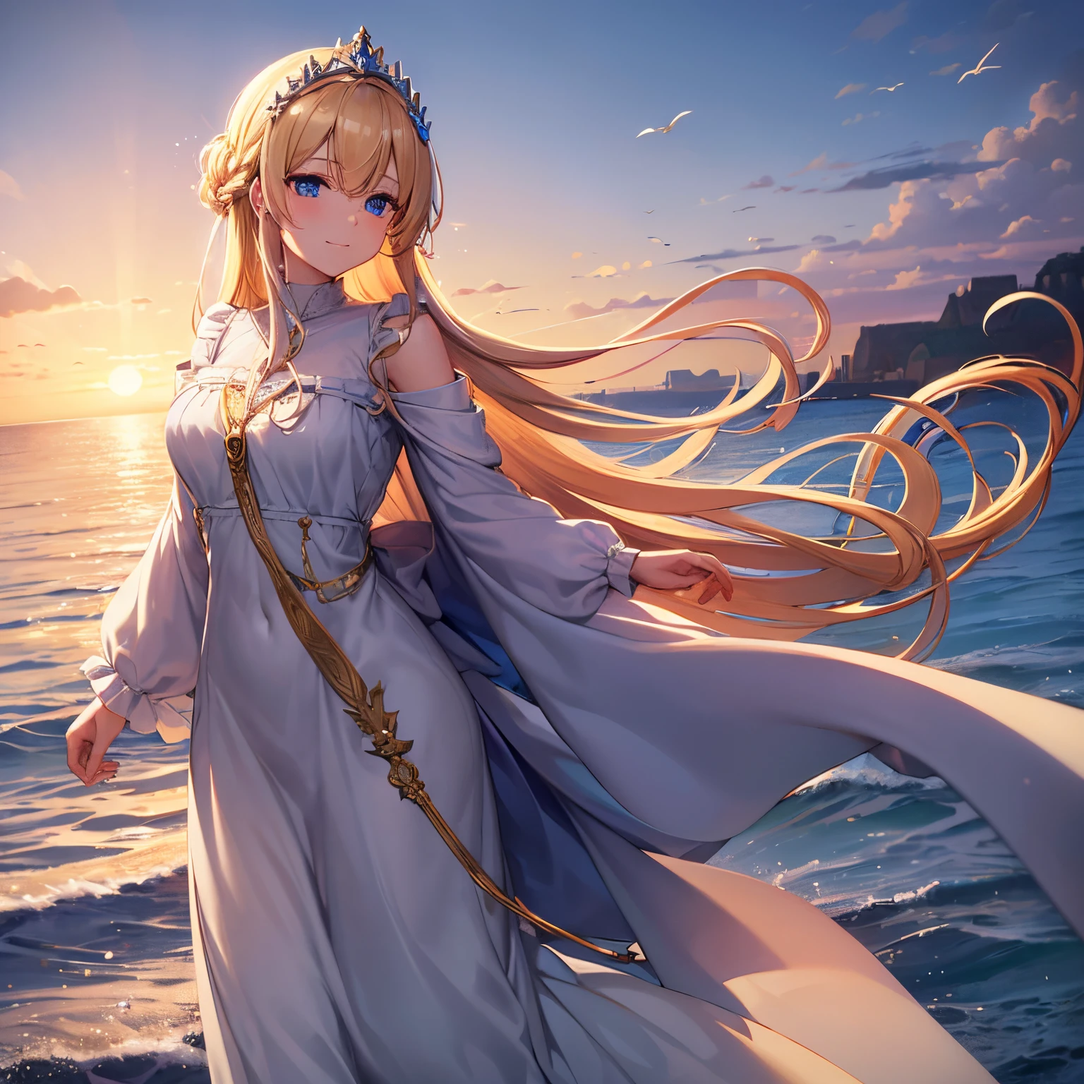 ,((Best Quality))),8K,((masutepiece)),(Very sophisticated、Beautiful fece), There is a girl coming out of the sea, Swan princess in Russian mythology, Beautiful calm face, Blue eyes, Braided long blonde hair, Moon braided hair on the back of the head, White old Russian shiny clothes with a kokoshnik crown on the head, affectionate eyes, Half smile, A gentle look on his face, Seascape and sunlight on background, Seagulls in the sky, full length, Realism