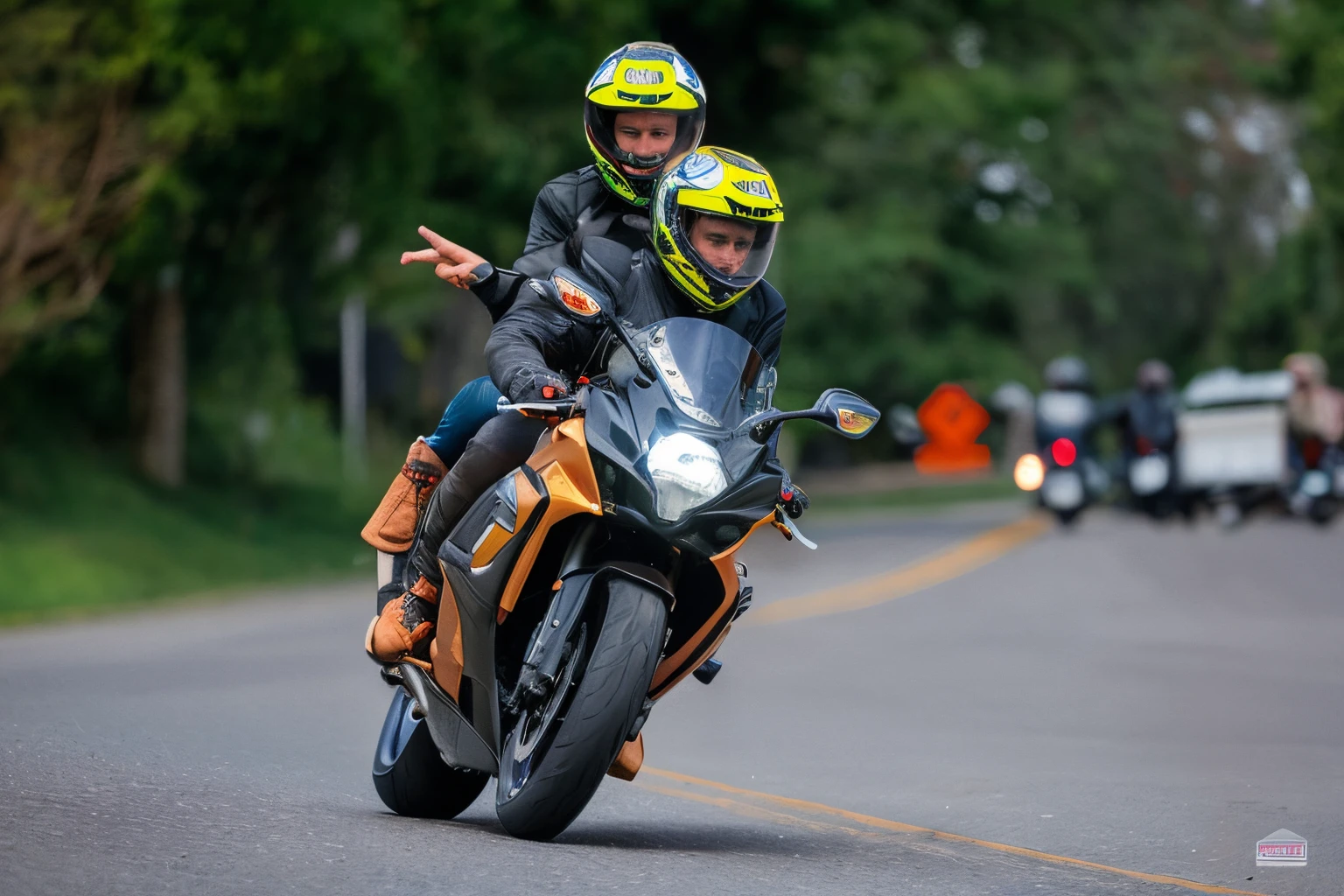 There are two people riding a motorcycle on the road, Andar na estrada, pilotando uma motocicleta, touring, pilotando uma motocicleta futurista, Motocicletas, Foto tirada com Nikon D 7 5 0, Foto tirada com Nikon D750, andar de moto por uma rua, andar de moto, Wheelie, 2 0 2 2 foto, Cavalgando na cidade de Doom