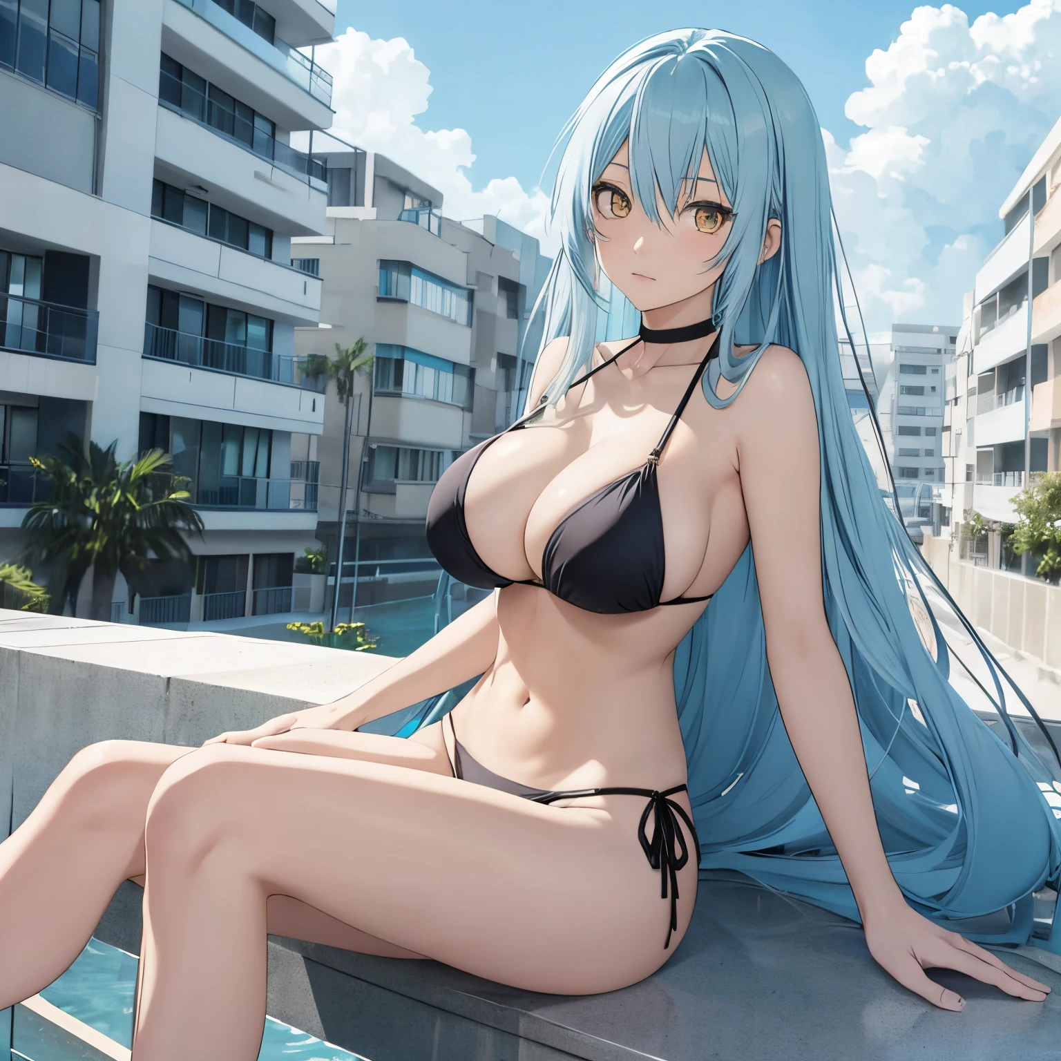 Anime, female, light blue hairs, yellow eyes, long hair, massive boobs, bikini, thigh, bare shoulder, collarbone, sitting, looking at viewer, in building, black bikini