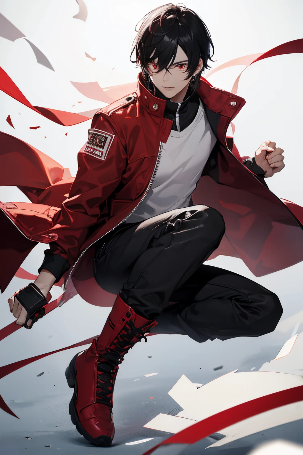 30 years old Man with black hair, red eyes, white shirt with red jacket up to the elbows, gray pants, black boots, black wristbands