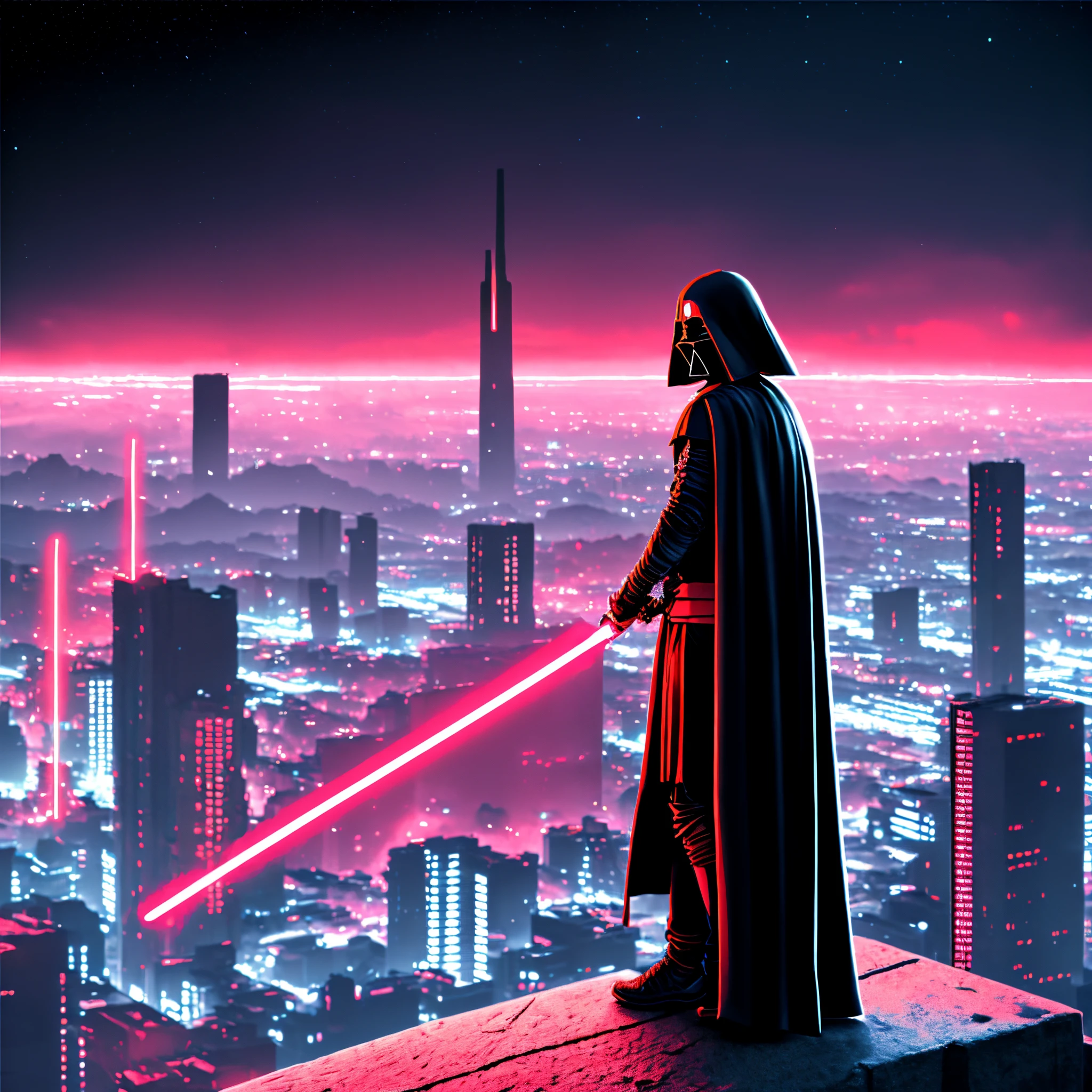 photo, Sith standing on a ledge holding a red light saber overlooking a city at night (NeonNinja style:1)