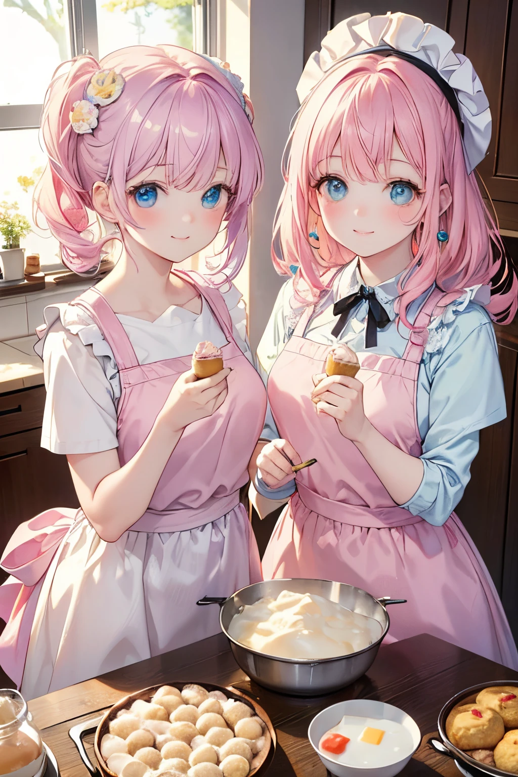 (best quality,4k,8k,highres,masterpiece:1.2),ultra-detailed,(realistic,photorealistic,photo-realistic:1.37),portrait,anime,studio lighting,cupcakes,pink aprons,baking ingredients,flour,sugar,eggs,mixing bowls,whisking,baking trays,oven,muffin tin,decorating,frosting,sprinkles,piping bags,oven mitts,baking fun,warm smiles,detailed eyes,joyful expressions,delicious treats,beautifully decorated cupcakes,vivid colors,pastel tones,soft lighting,two girls,twins,pink hair,blue eyed,cute