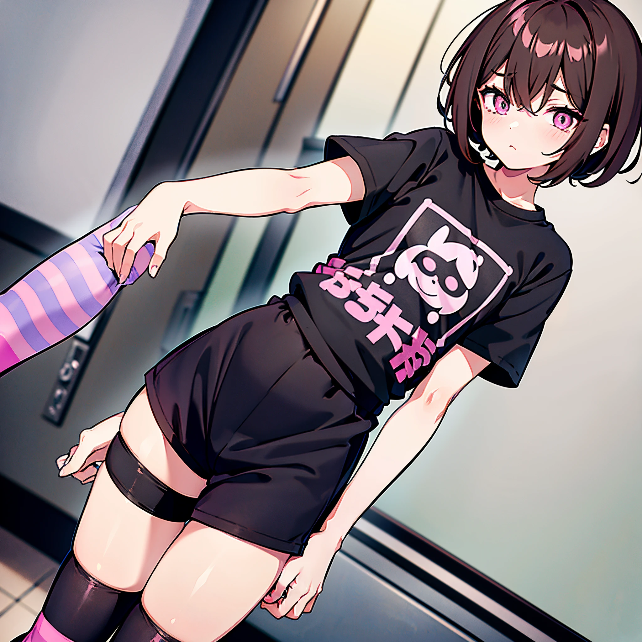 Short femboy wearing a black and pastel pink T-shirt with kuromi on it, black shorts with a white outline, pastel pink and black striped thigh highs. His soft, brown hair was messy, and his amber eyes covered by some of his hair
