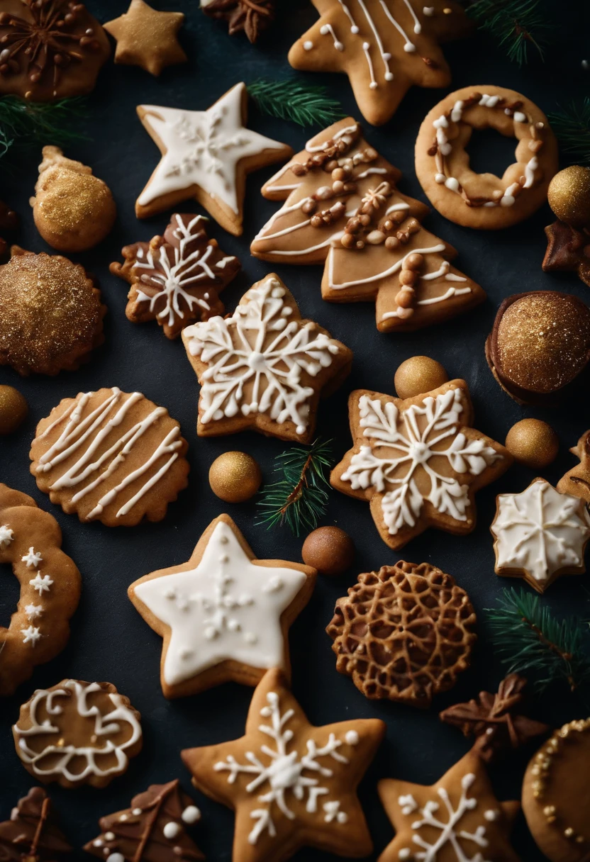 a creative overhead shot of a variety of Christmas cookies arranged in a beautiful pattern, showcasing their different shapes, colors, and decorations