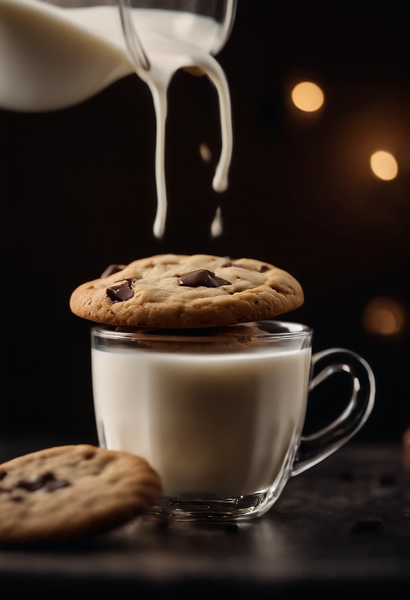 a detail shot of a single cookie being dipped into a glass of milk, capturing the deliciousness and the anticipation of that first bite