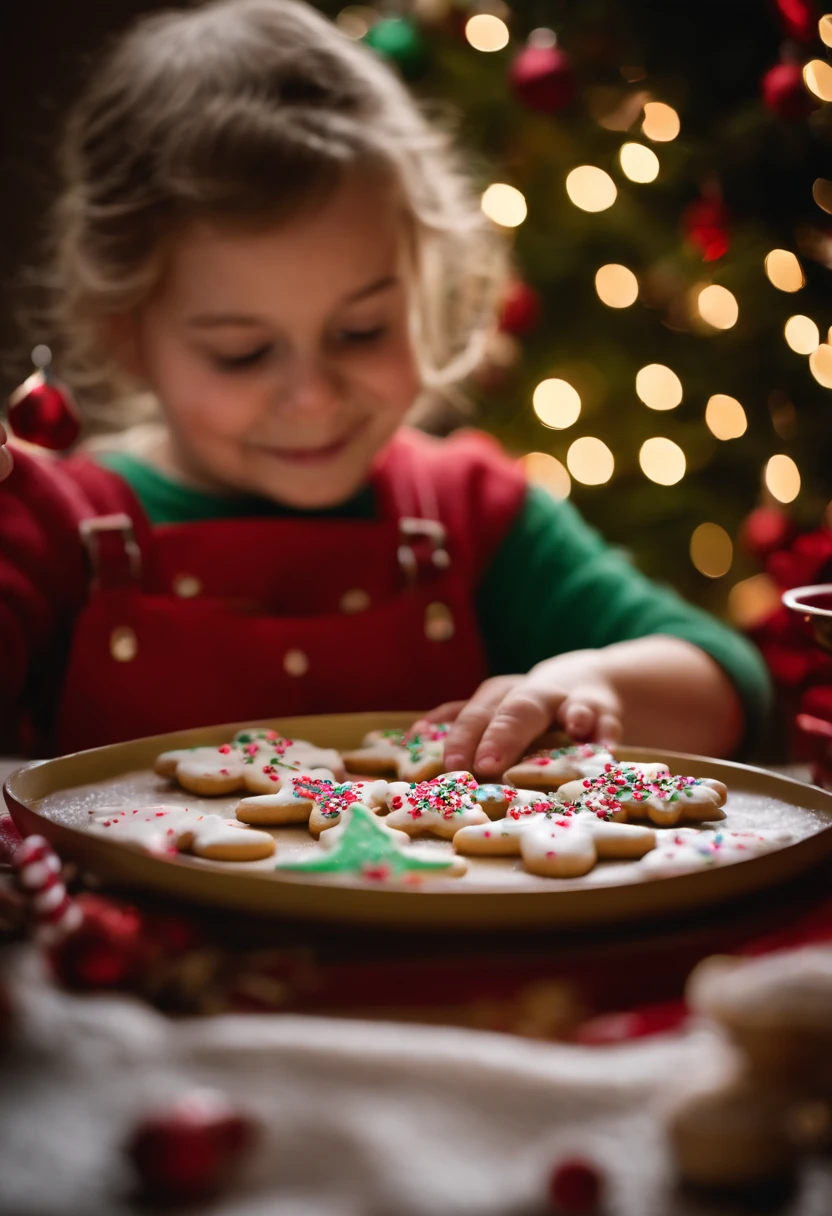 a candid shot of a decorating a Christmas cookie with icing and sprinkles, showcasing their creativity and the joy of holiday baking