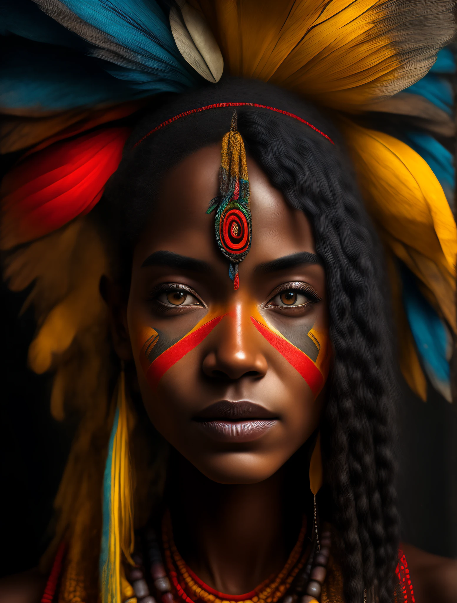 Hyperrealistic cinematic image of an indigenous Brazilian woman, Native with COLORFUL feathers on her head, FUNDO BRANCO,Arte nativa brasileira, Tipo de selfie, frontal, nativo brasileiro, Brazilian mixed-race black woman, Arte nativa, Um nativo brasileiro, Indigenous women, azul, cocar de penas vermelho e amarelo , Indigenous spirit, BRAZILIAN INDIGENOUS HEAD, indigenous art, : Traje nativo brasileiro, Indigenous, Arte popular nativa brasileira, Fotografia de arte indiana, Realistic, fotografia, master part, Realistic, Realismo, Processado, Alto contraste, Trending Realistic Digital Art Photography on Artstation 8k HD High Definition Realistic Detailed, circunstanciado, textura da pele, hiper detalhado, textura de pele realista, best quality, ultra high-resolution, (fotorrealista: 1.4), high resolution, circunstanciado, Rascunho, sharp re, por Lee Jeffries Nikon D850 Film Fotografia de Stock 4 Kodak Portra 400 F1.6 lentes cores ricas, Realistic texture, Dramatic texture, dramatic lighting, UnrealEngine