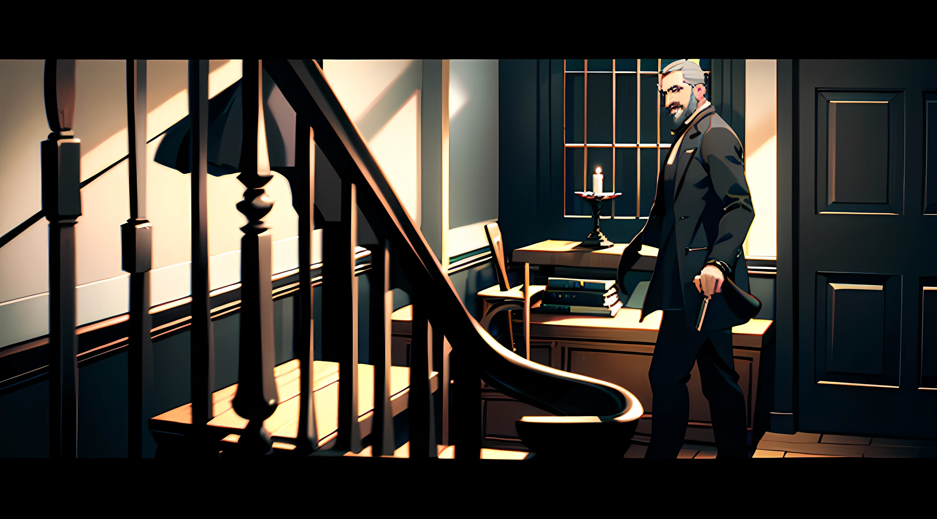 Man in black Victorian coat, victorian style, Gray hair and beard, In his right hand he holds a cane, moves from one room to another, In the foreground is a staircase with a railing, Leading to the second floor