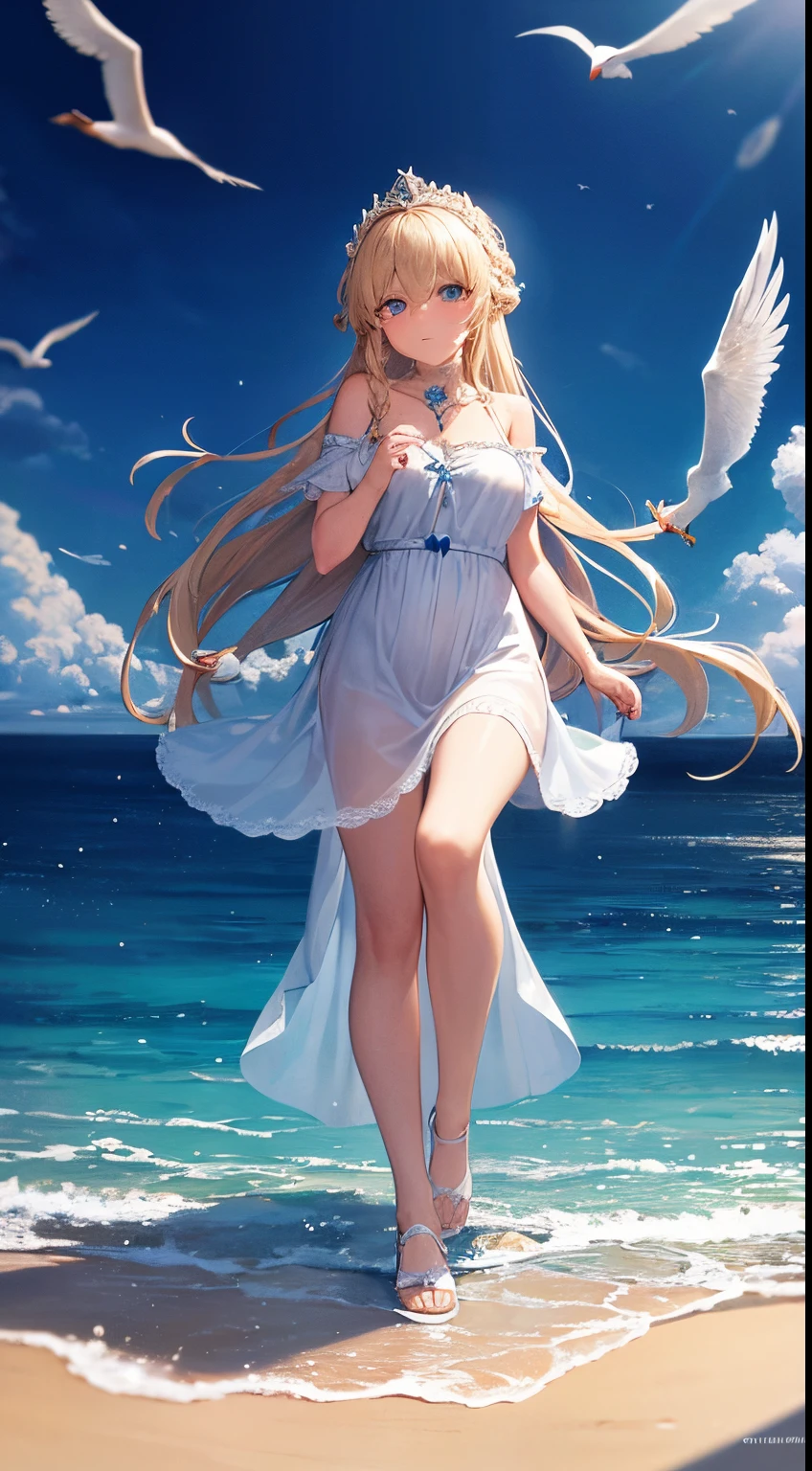(((Best Quality))),8K,(Very sophisticated、Beautiful fece), There is a girl coming out of the sea, Swan princess in Russian mythology, Beautiful calm face, Blue eyes, Braided long blonde hair, Moon braided hair on the back of the head, White old Russian shiny clothes with a kokoshnik crown on the head, affectionate eyes, Half smile, A gentle look on his face, Seascape and sunlight on background, Seagulls in the sky, full length, Realism