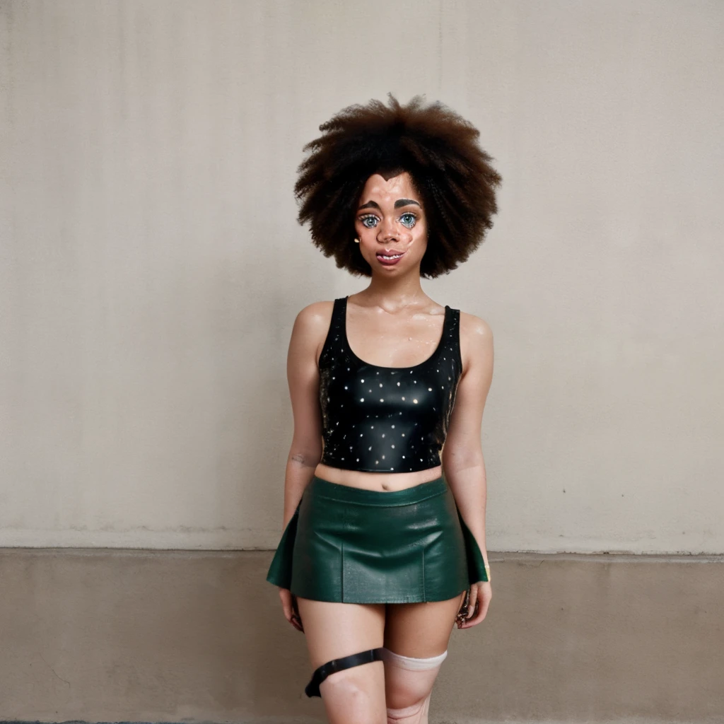 Gir with vitiligo around her eyes and neck. Brown skin and short afro. A bit chubby wearing a short black leather skirt and dark green tank top and what sneakers and spot of vitiligo around her leads and arms