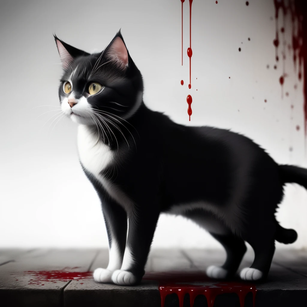 A black and white cat covered in blood