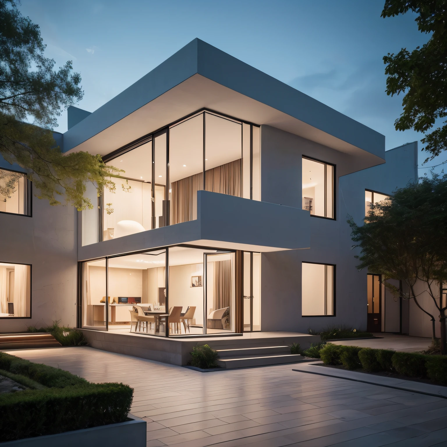 (masterpiece),(high quality), best quality, real,(realistic), super detailed, (full detail),(4k),8k,modern villa exterior design,Modern architecture, zaha hadid style, Sandstone,blackwall,Beautiful_sky, no_humans, outdoors,day light ,sky, trees,Garden flower front of building, warm interior lights