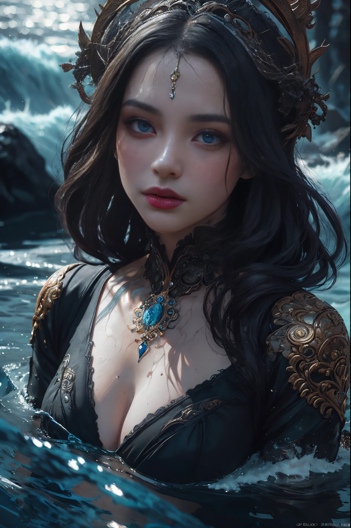 Super detailed, Delicate face, Realistic style, Stock Photography: , rich and colorful, Surrealism, Realistic textures, Dramatic Lighting, Thin Film Distiller 800 (8K, original photo, Better quality, masterpiece: 1.2), Super detailed, (Extremely delicate skin: 1.2), 8K Ultra HD, SLR camera, Soft Light, high quality,Snow Queen,ice castle,Blue pupils,Apply red lipstick,Tattoo goddess,With tattoo pattern,Ultra-clear portrait,apply lipstick,Wearing necklace jewelry,apply lipstick,Wear heavy makeup,The facial texture is very clear,Beautiful tattoos on the body,Deep blue eyes(Sapphire-like pupils),A crown of luxury,Diamond necklace