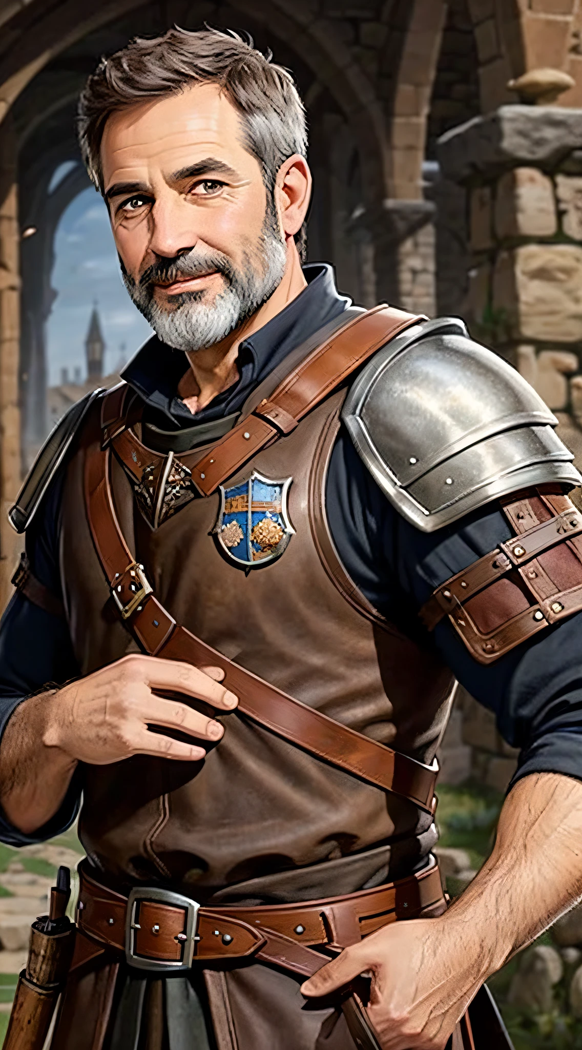 (masterpiece:1.1),(best quality:1.1),extremely detailed,(original design:1.1),(unique accessories:1.1),(medieval fantasy:1.1),professionally retouched,(close-up:1.1),portrait, Portrait Rpg, Vector art, character portrait from DND table top RPG, solo, male focused, Human, Male, middle-aged man, captain of a medieval fantasy city guard, ectomorph body type, medium skin colour, warm skin undertone, square face, short hair cut with dark ash brown hair colour, wrinkled face, forehead lines, laugh lines around the eyes, almond shaped green-hazel eyes, greek nose, scar line accross the left cheek, dark ash brown beard with hints of grey, neutral facial expression, black tunic, brown leather armor with city coat of arms engraved on the brestplate, fantasy medieval city background