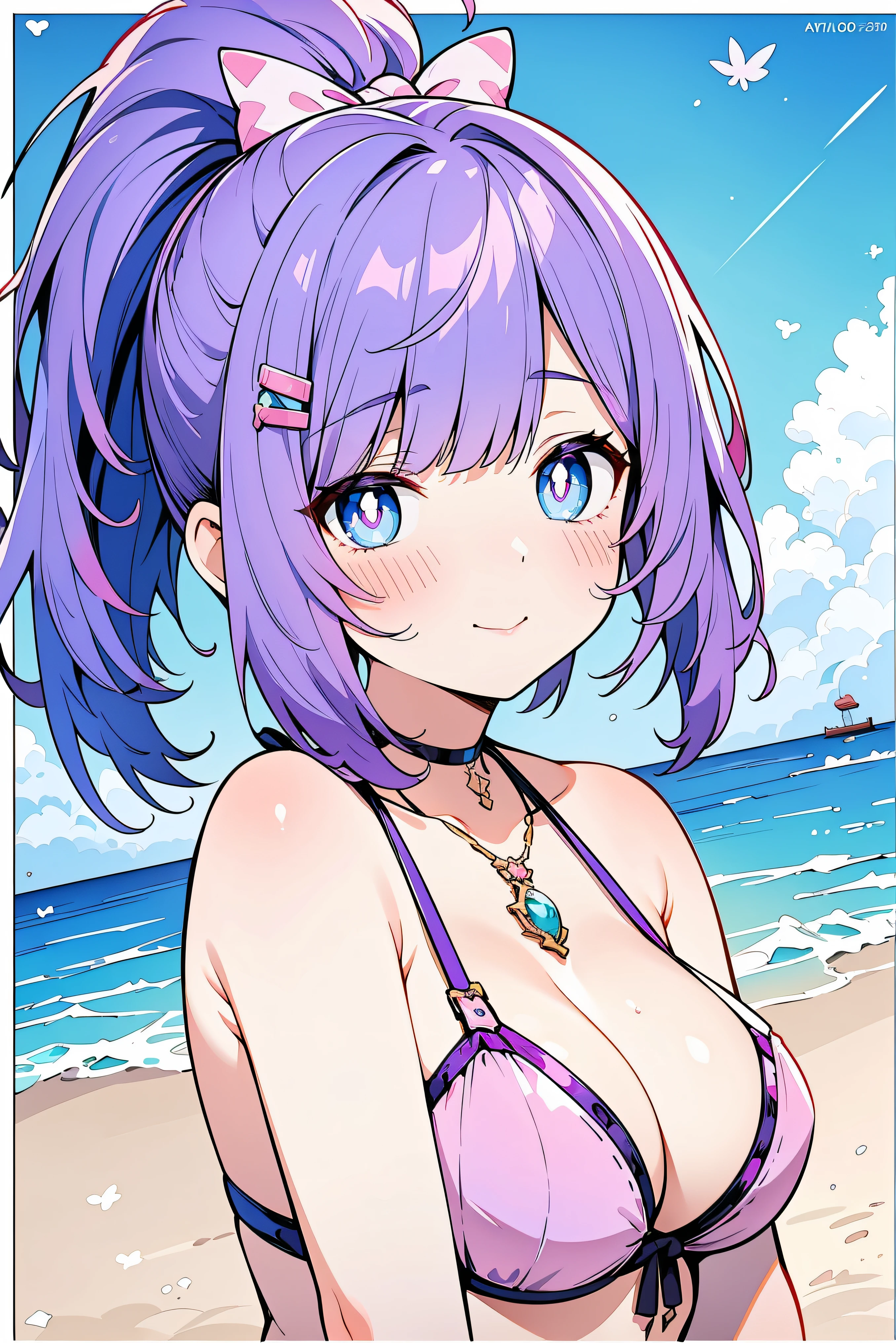 ((((purple hair,pink bikini)))),((aqua blue pupils,hairclip,blue butterfly bow on ponytail)),(((blunt bangs,high ponytail,short hair,)))1girl, full body shot,standing, (pink bridal gauntlets),(sun glare,god light,ray tracing),big perfect watery eyes, character design,((blue pupils)),cute anime face, kawaii , stylized anime,little idol, anime moe artstyle, detailed face,8k,HD,little shy smile,cheery blush face,neat face, (Masterpiece,Best quality)