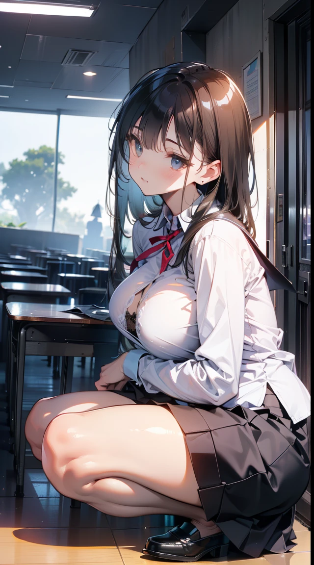 ((portfolio:1.2)),Perfect hand drawing、((Place one knee on the ground:1.2)), (Angle from below:1.2)、Beautiful body lines、1 beauty, (thick neck:1.4)、(broad shoulders:1.4)、(Smaller face)、(pointed breast:1.6)、Model body type、(Smaller chest)、、Sharp eyes、Watery Big Eyes、Impatience and shy laughter:1.2、((student clothes:1.4))、Shirt and knee-length skirt、(facefocus:1.4)、evening、Extremely detailed, Detailed background, Cinematic lighting, (Pull up your skirt to show your underwear:1.2), (Lace bra visible through unbuttoned shirt:1.2)、(On campus:1.2)、(Unmanned classroom at night:1.2)、Footboard beauty