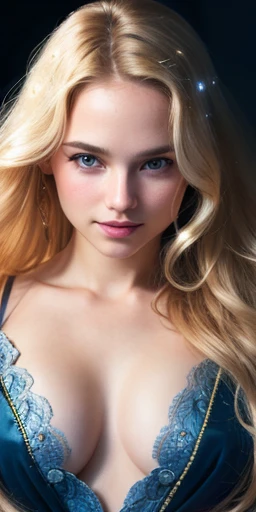 Photo of a girl, raw, Beautiful woman, (Long wavy blonde hair), ((Portrait)), ((Detailed face:1.2)), ((detailed facial features)), (finely detailed skin), pale skin,A sexy(cold color), moist, moist, Reflectors, (masutepiece) (perfectly proportions)(photos realistic)(Best Quality) (Detailed) photographed in a Canon EOS R5, 50mm Lens, F/2.8, nffsw, (Grinning) (Wallpaper) (Cinematic lighting) (Dramatic Lighting) (foco nítido) (Convoluted) Fashion, From above