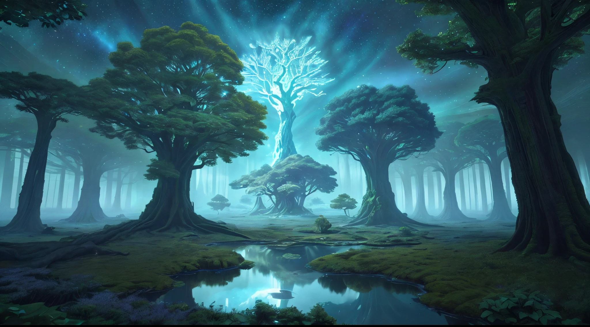 Illustration of a hyperrealistic , otherworldly, ultrasky scene featuring a giant crystal tree full body,very detailed and magical lighting, intricate forest details, vegetation and river around, solarpunk ,landscape, giant tree, beatifull leafy with beautiful lighting and realistic proportions, as if it were a cinematic background, 8k, highest quality, masterpiece, clouds and stars in the sky.