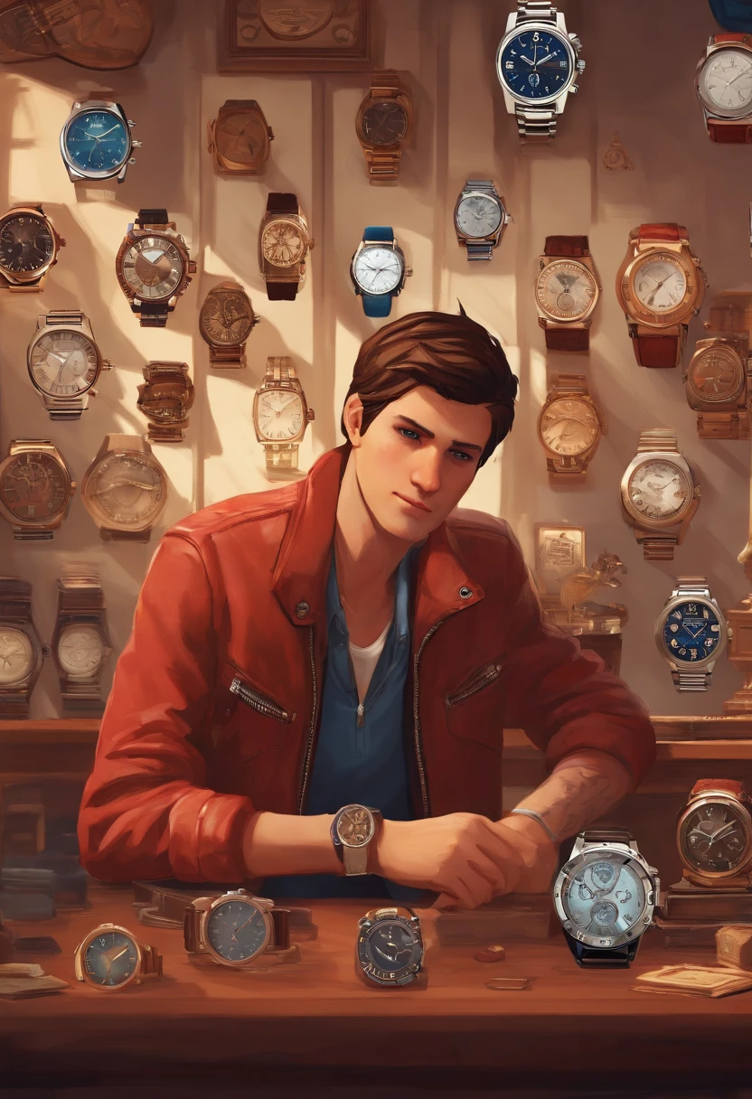An image of Nathan admiring his collection of expensive watches, with a smug expression on his face.,Life is Strange video game series,Nathan is a age boy with blue eyes, slicked back light brown hair, light freckles, wears a red letterman jacket, mean expression