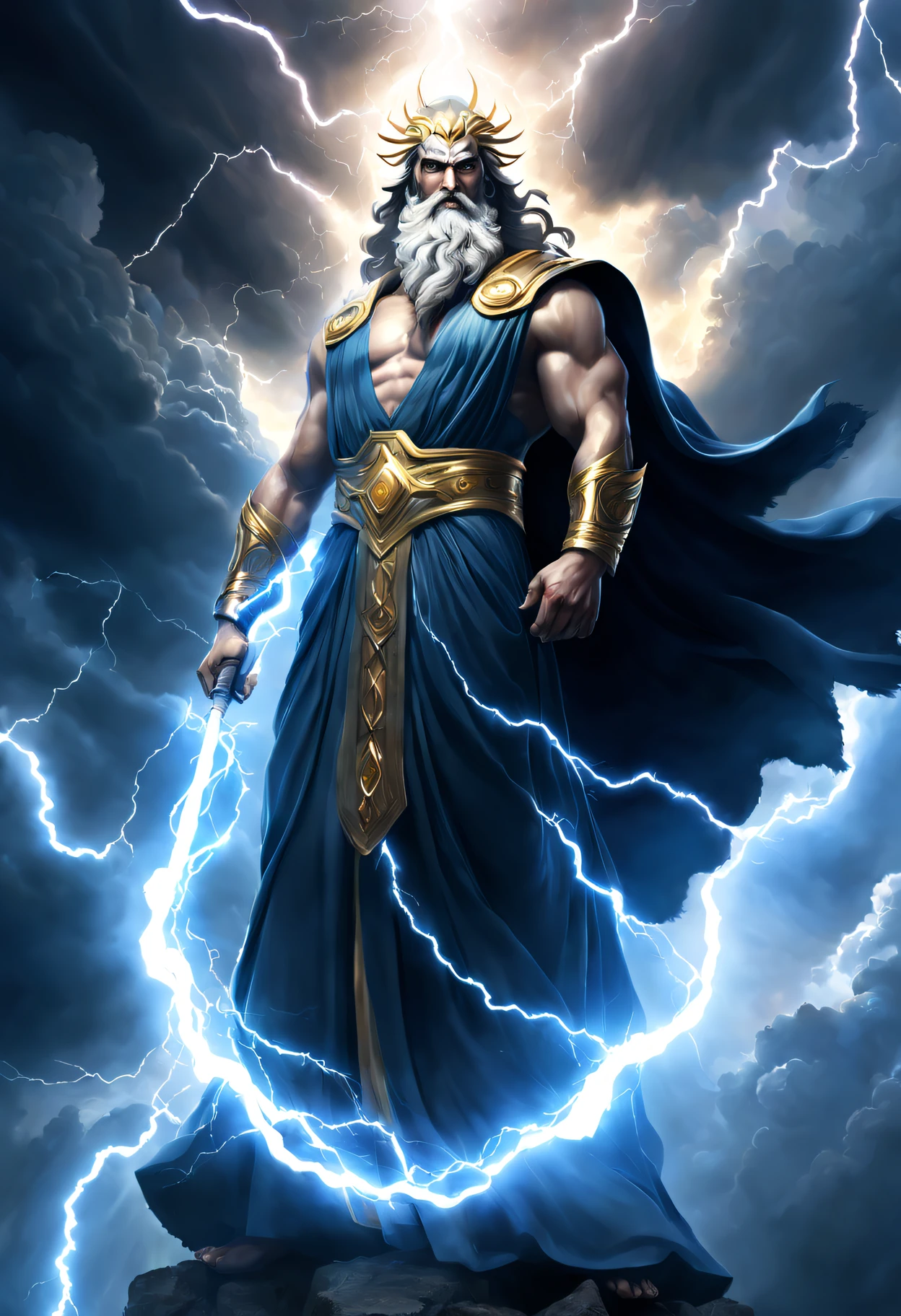 One with a beard、Arafad image of man in burka, Angry god Zeus, the god zeus, epic scene of Zeus, storm egyptian god, Complete portrait of the Electric Mage, concept art of god, Moses, Zeus, Retrato Zeus, Godrays digital painting, Epic clouds and divine lights, ancient god, God Emperor of Humanity
