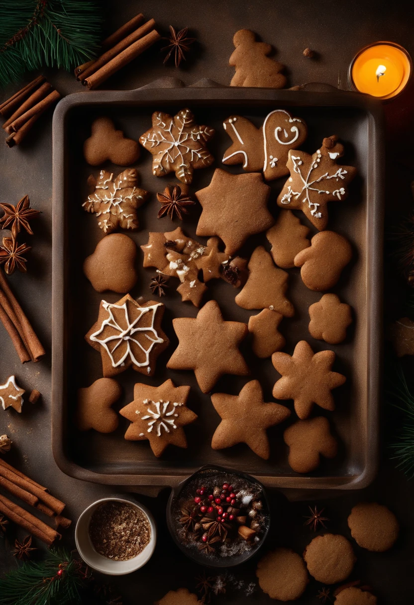 a rustic flat lay shot of a tray of freshly baked gingerbread cookies surrounded by festive spices and ingredients, evoking the warm and comforting aromas of the holiday season