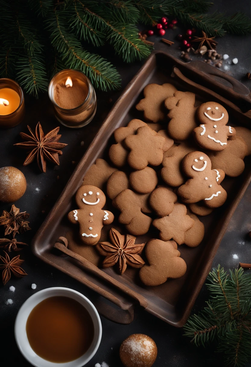 a rustic flat lay shot of a tray of freshly baked gingerbread cookies surrounded by festive spices and ingredients, evoking the warm and comforting aromas of the holiday season