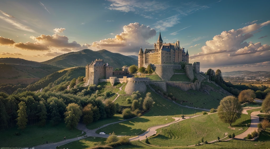 (best quality, 4k, 8k, high resolution, masterpiece: 1.2), ultra-detailed, (realistic, photorealistic, photorealistic: 1.37), professional, vivid colors, cinematic wallpaper, medieval castle on a hill, photography fine art, golden hour lighting, high definition, highly detailed, hdr