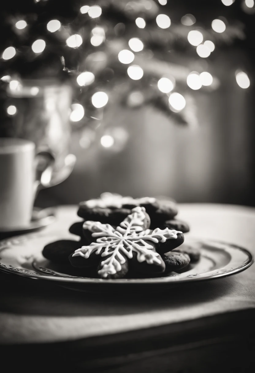 a black and white image of a lone Christmas cookie on a vintage plate, adding a touch of nostalgia and elegance to the photo